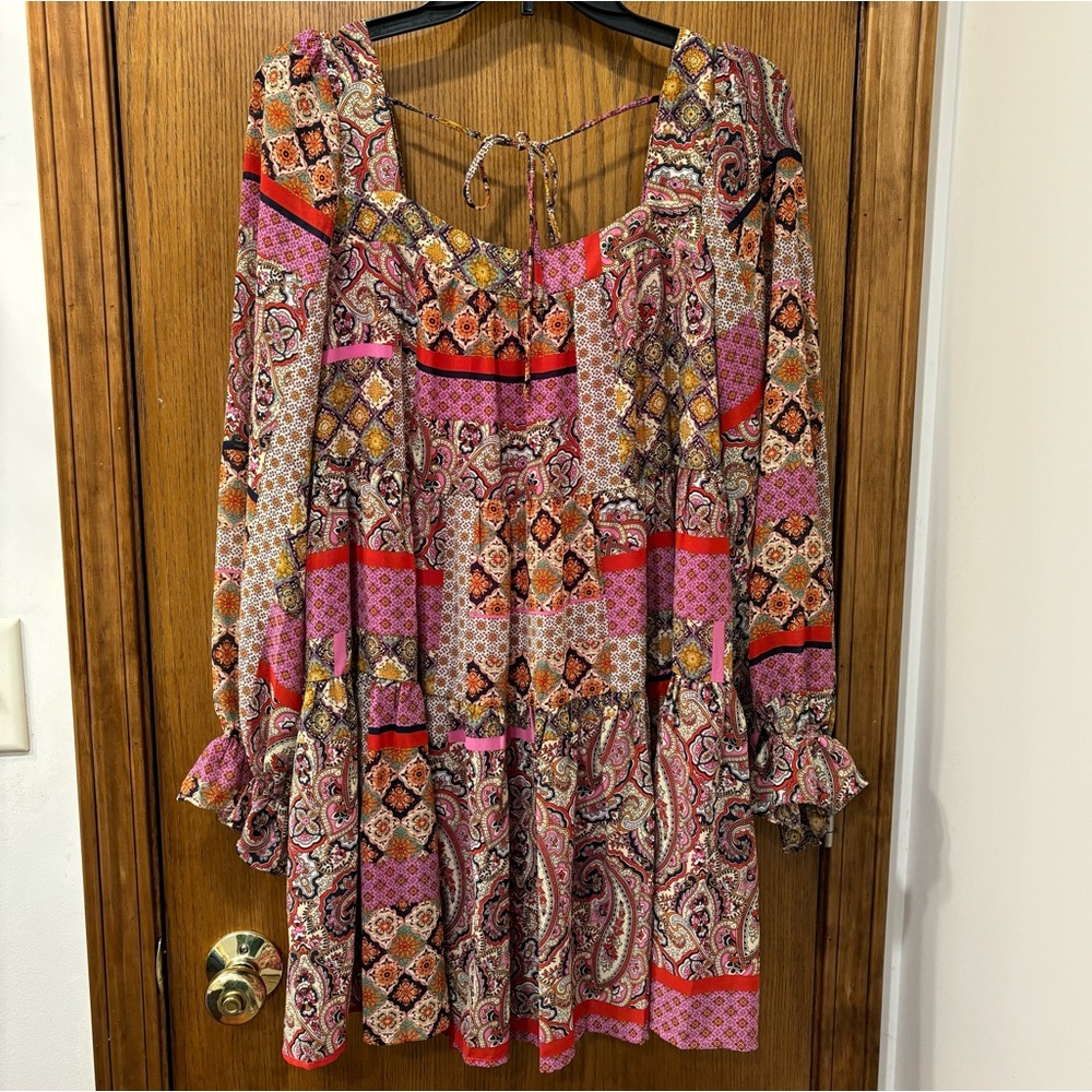 Aakaa Pink Red Multicolor Boho Paisley Tiered Long-Sleeve Dress